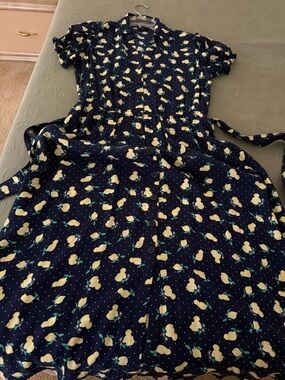 Talbots Navy Midi Dress with Yellow Lemon Print